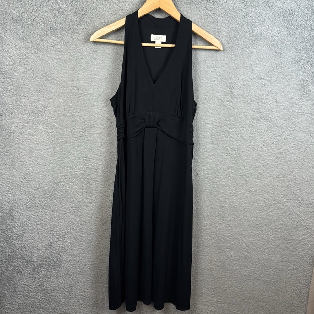 Ann Taylor Loft Black Sleeveless Midi Dress V-Neck Size 10 Stretch Liquid Knit